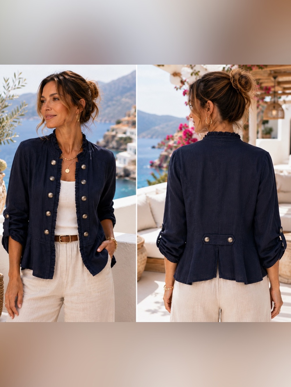 Navy Ruffled Collar Military-Button Jacket - Women